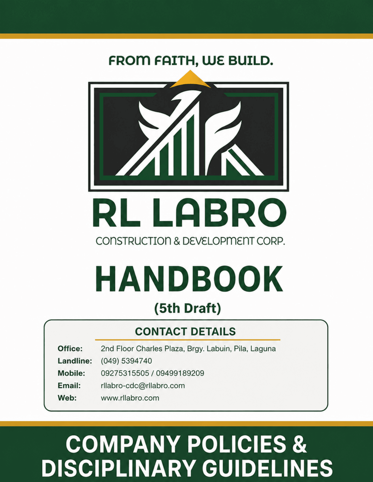 Cover of the RL Labro Company Handbook — the company logo above the title, with the office contact details beneath